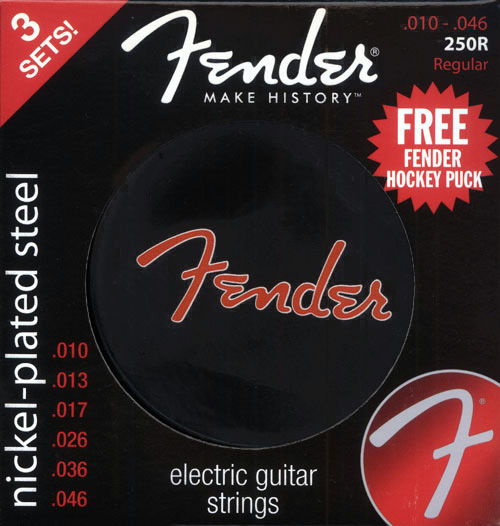 073-0250-826 Fender 250 Series 3 Sets Nickel Plated Steel Electric Guitar Strings w/ Free Limited Edition Fender Hockey Puck, Regular Set (.010 - .046)