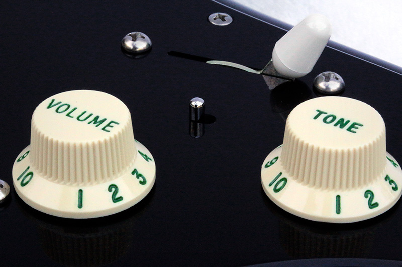 Black Strat Recessed Mini-Toggle Switch With Patinaed Green Lettered and Numbered Control Knobs
